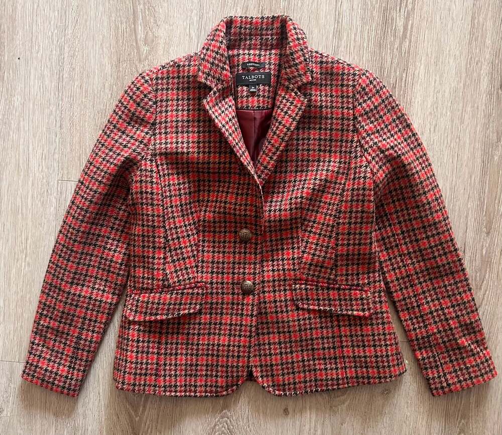 Talbots Aberdeen Petite Houndstooth Plaid Wool Blend Blazer Size 2P